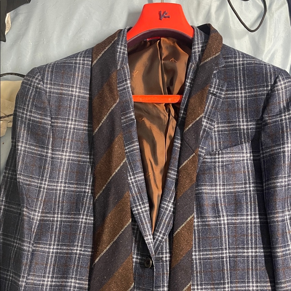 Isaia Blue and Brown Plaid Blazer